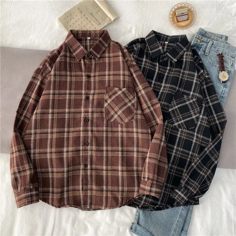 Korean Style Oversized Plaid Shirt - Women's Long Sleeve Button Up Blouse