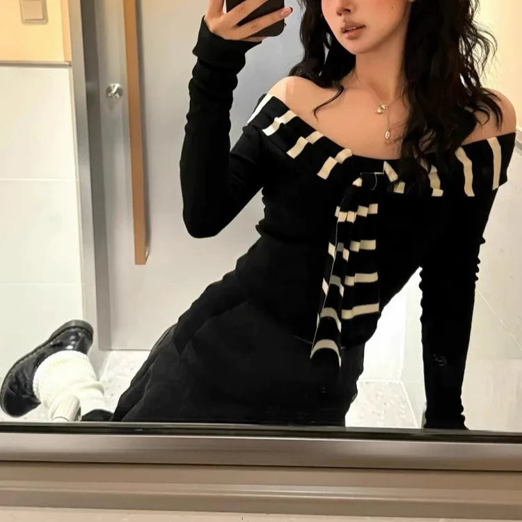 Korean Style Two-Piece Striped Knit Set - Boat Neck Layered Top