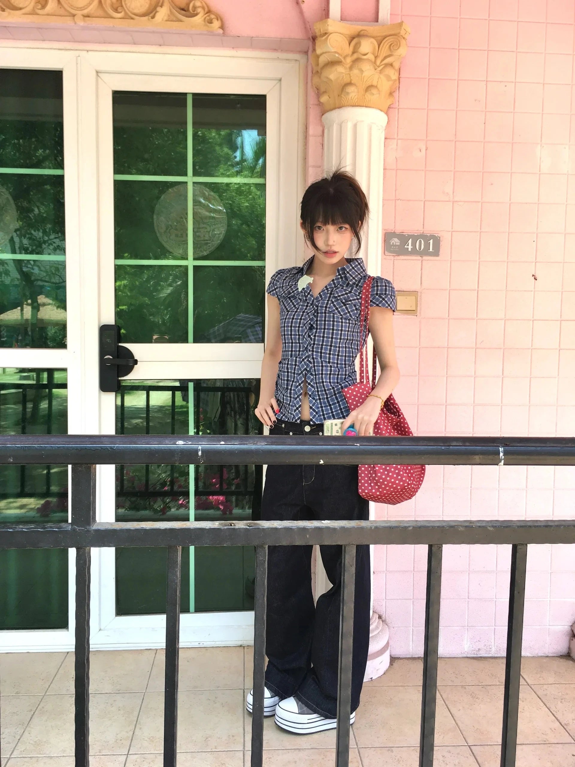 Korean Style Y2K Plaid Shirt - Women's Vintage Short Sleeve Blouse