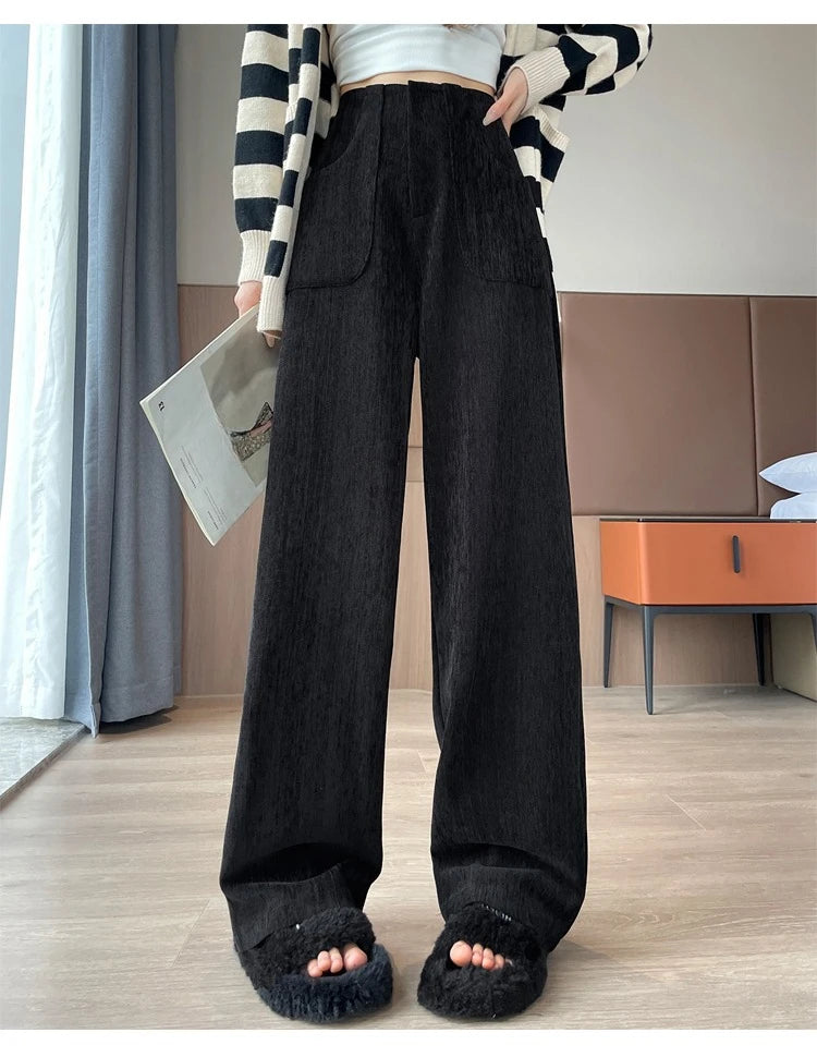 Korean Style High Waist Corduroy Wide Leg Trousers - Women's Vintage Casual Pants with Pockets