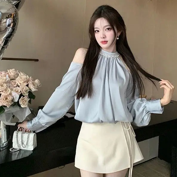 Korean Style Off-Shoulder Blouse - Long Sleeve Sweet Temperament Top for Women