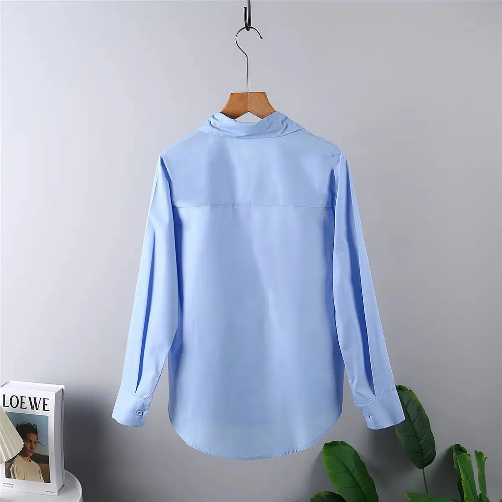 Korean Style Blue Shirt - Women's Long Sleeve Button-Up Blouse