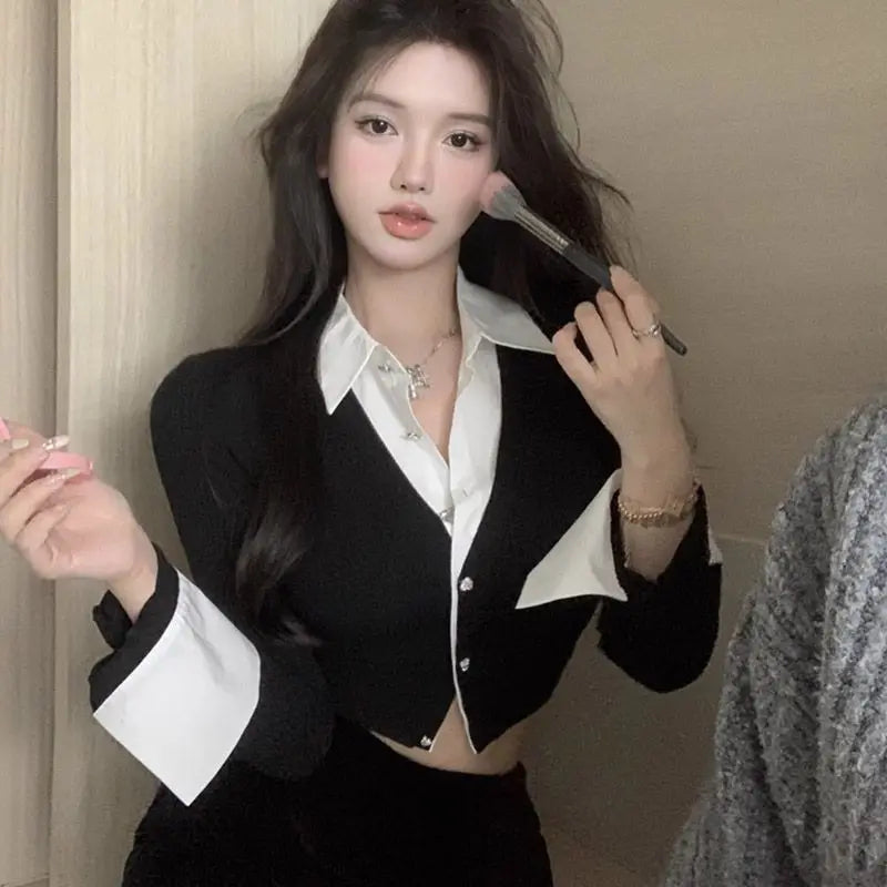 Korean Style Two-Piece Effect Blouse - Women's Slim Fit Cropped Shirt