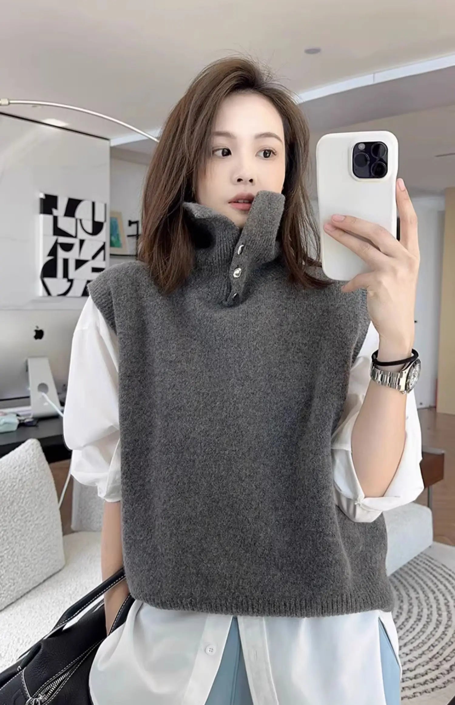 Korean Style Cashmere Turtleneck Vest - Sleeveless Knit Jumper Top