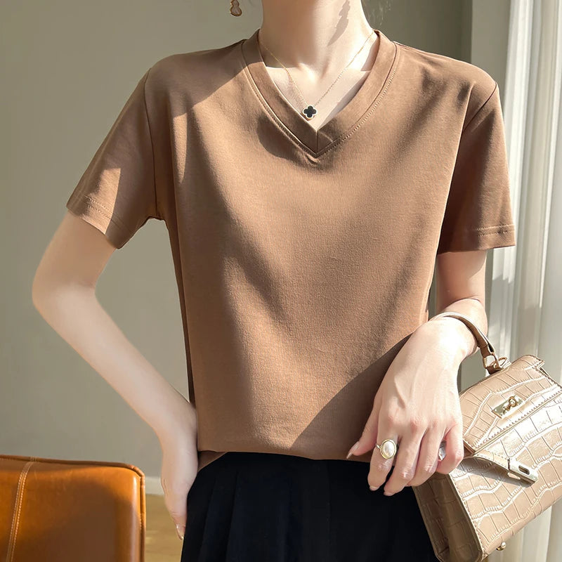 Korean Style V-Neck Cotton T-Shirt - Women's Relaxed Fit Short Sleeve Top