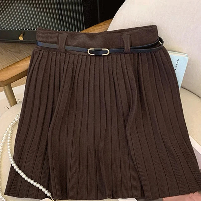 Korean Style High-Waisted A-Line Mini Skirt - Women's Knitted Pleated Skirt