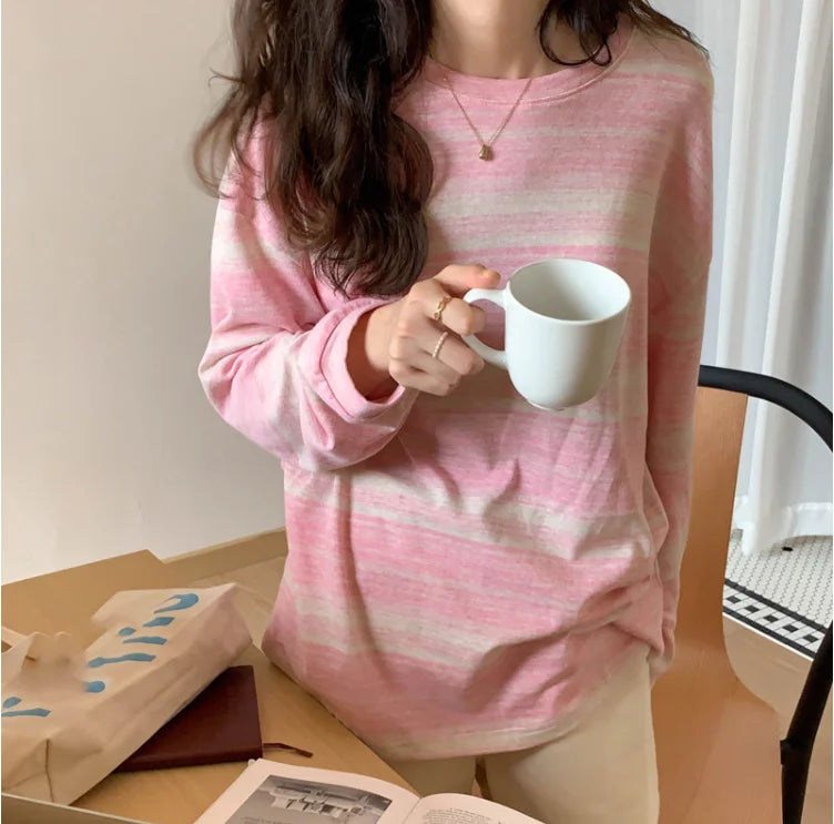 Korean Style Vintage Striped Long Sleeve T-Shirt - Women's Loose Fit Top