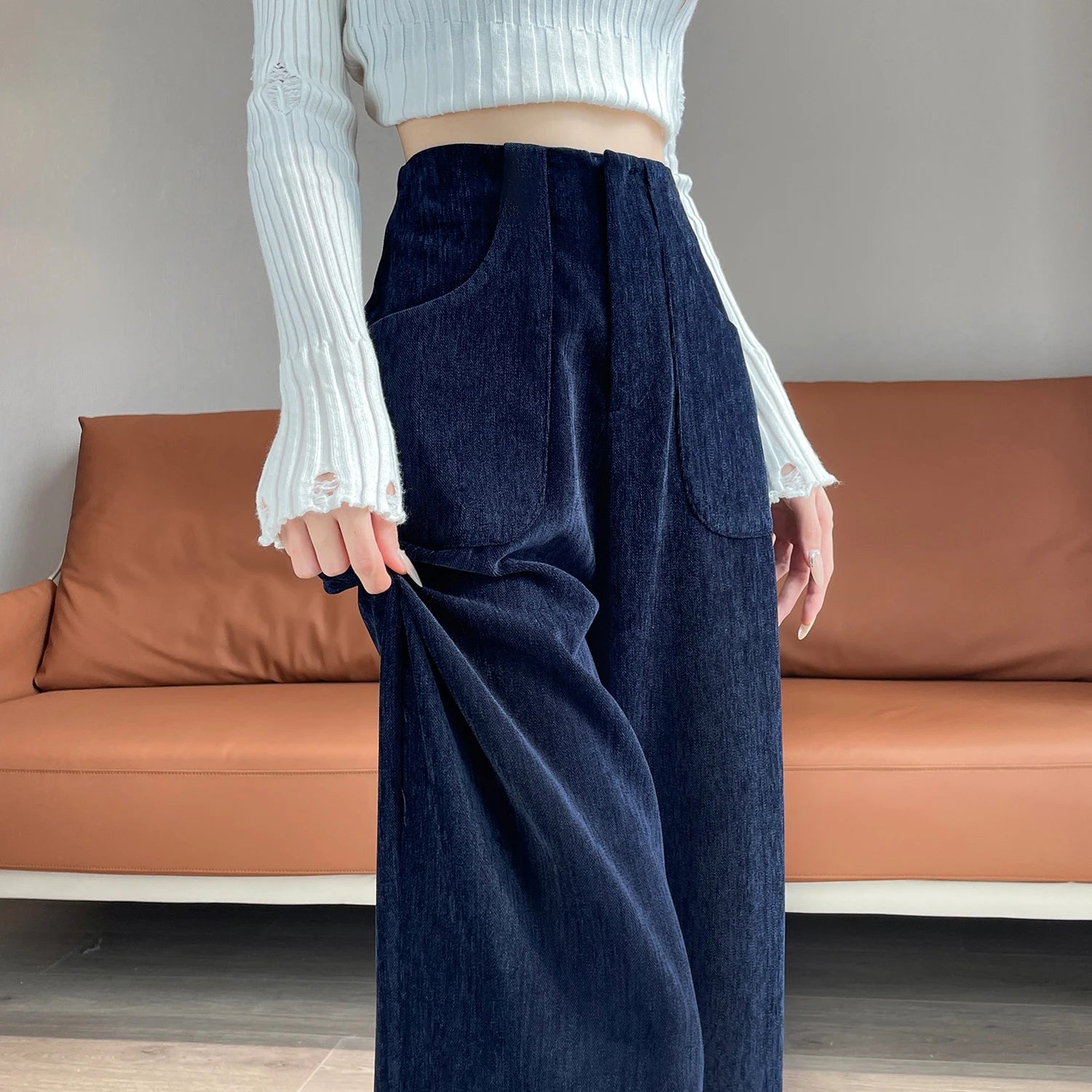 Korean Style High Waist Corduroy Wide Leg Trousers - Women's Vintage Casual Pants with Pockets