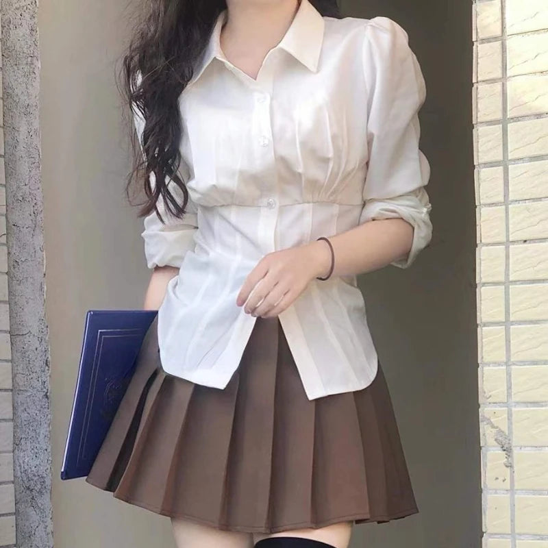 Korean Style White Shirt - Women's Slim Fit Long Sleeve Blouse