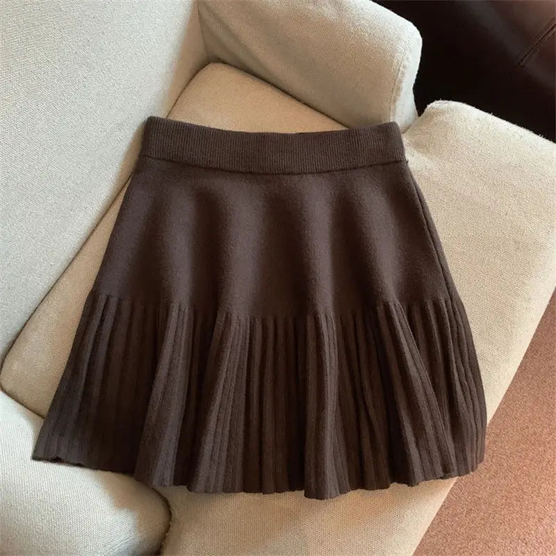 Korean Style Pleated Knit Mini Skirt - High Waist A-Line Skirt for Women