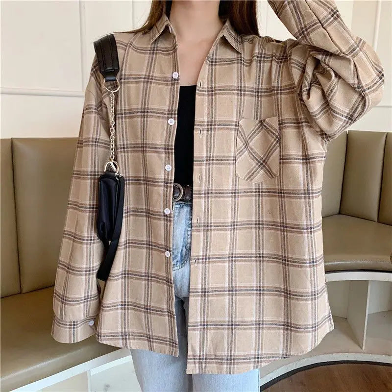 Korean Style Oversized Plaid Shirt - Women's Long Sleeve Button Up Blouse