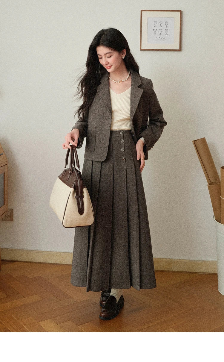 Korean Style Pleated Wool Skirt - Elegant High-Waist A-Line Midi Skirt for Women