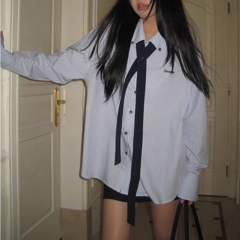 Korean Style Blue Striped Shirt - Women's Embroidered Long Sleeve Blouse