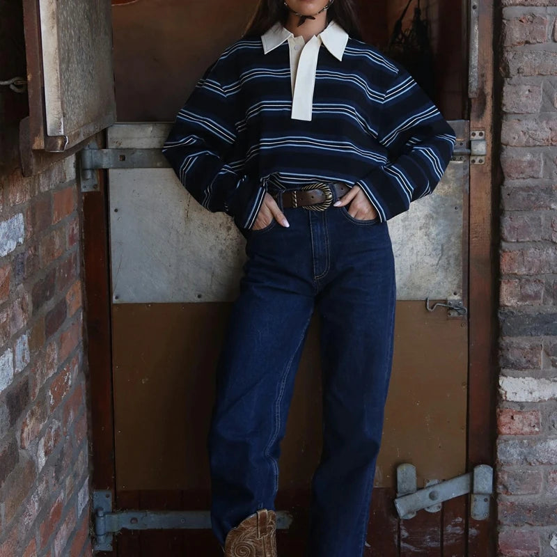 Korean Style Striped V-Neck Sweatshirt - Women's Vintage Y2K Button Pullover Top