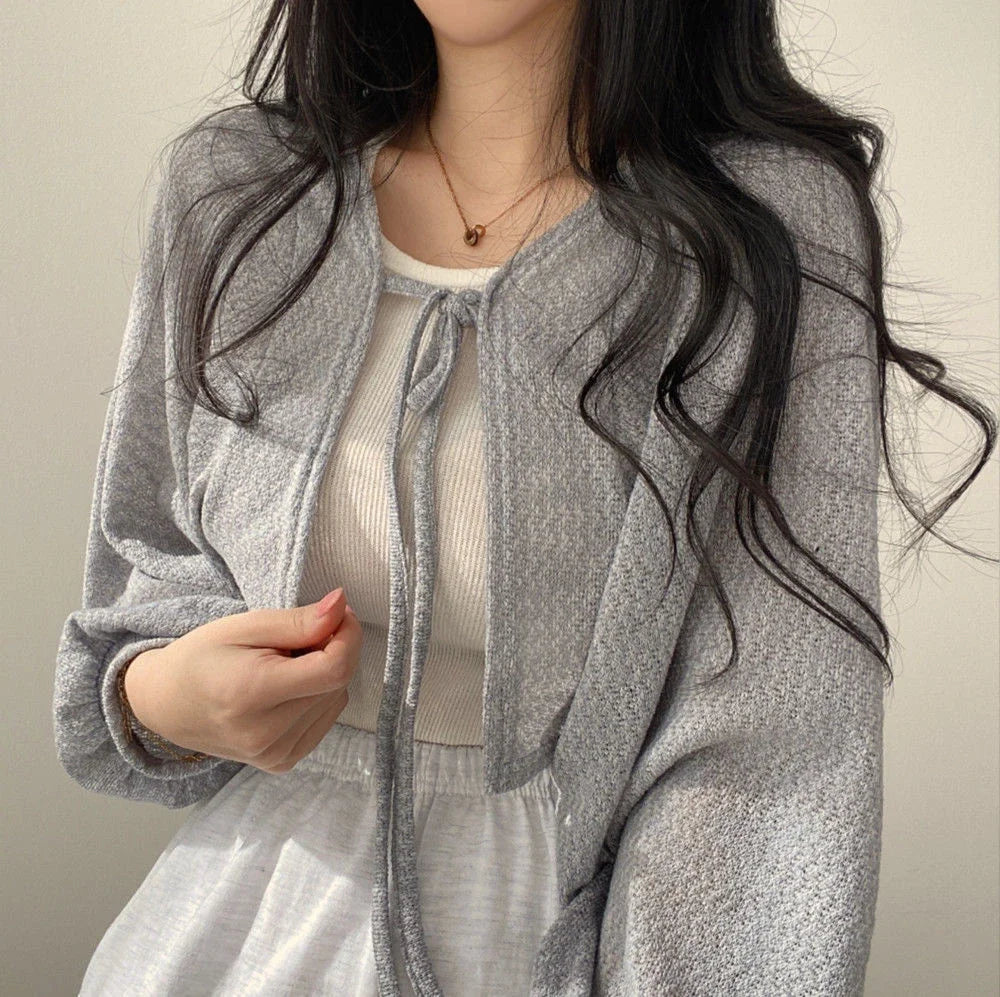 Korean Style White Cardigan - Women's Summer Lightweight Lace-Up Knitwear
