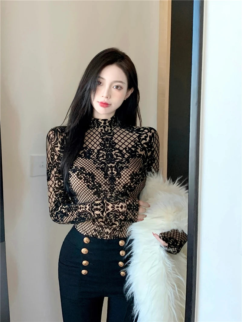 Korean Style Mesh Bodysuit - Long Sleeve Backless Body Top