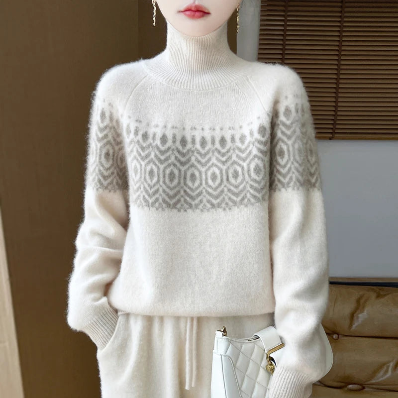 Korean Style Merino Wool High Neck Jumper - Women's Autumn Winter Pullover