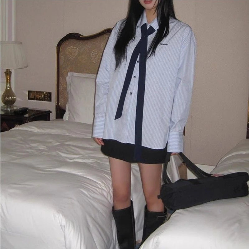 Korean Style Blue Striped Shirt - Women's Embroidered Long Sleeve Blouse