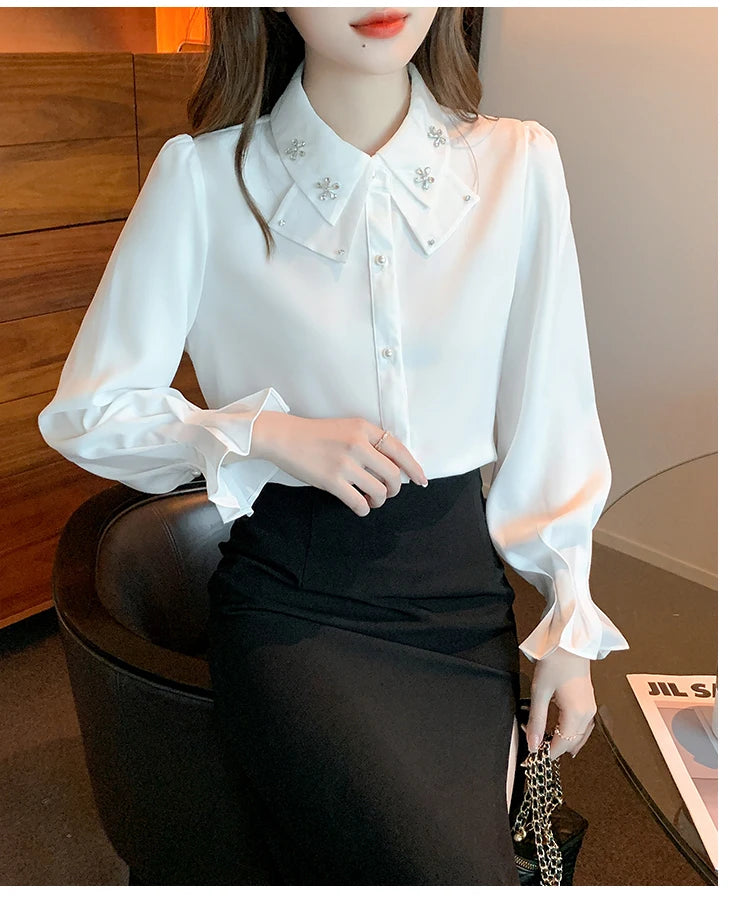 Korean Style Chiffon Blouse - Elegant Long Sleeve White Shirt for Women
