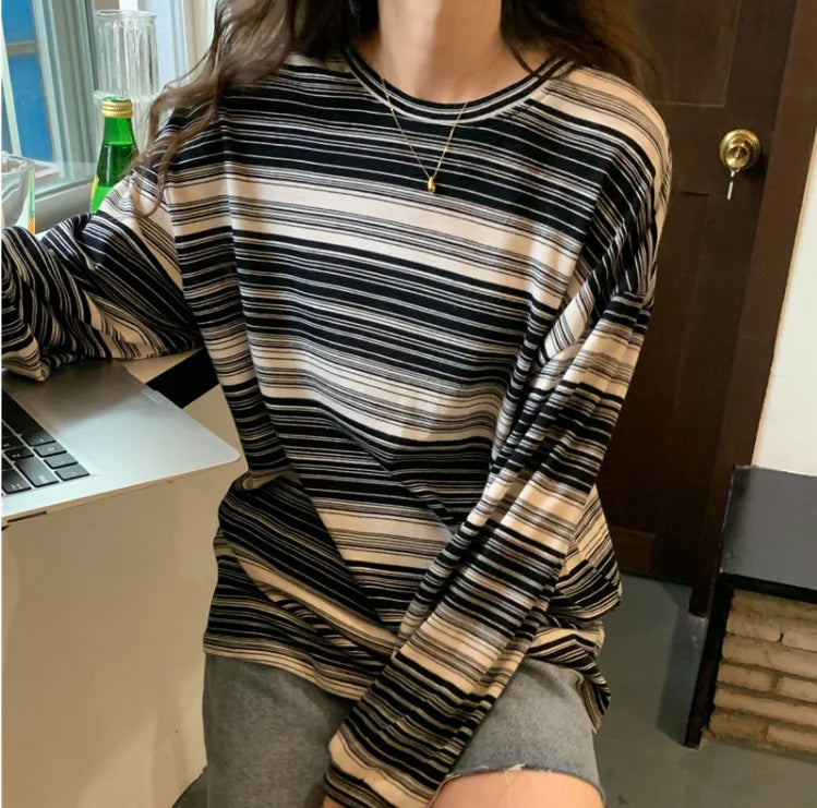 Korean Style Vintage Striped Long Sleeve T-Shirt - Women's Loose Fit Top