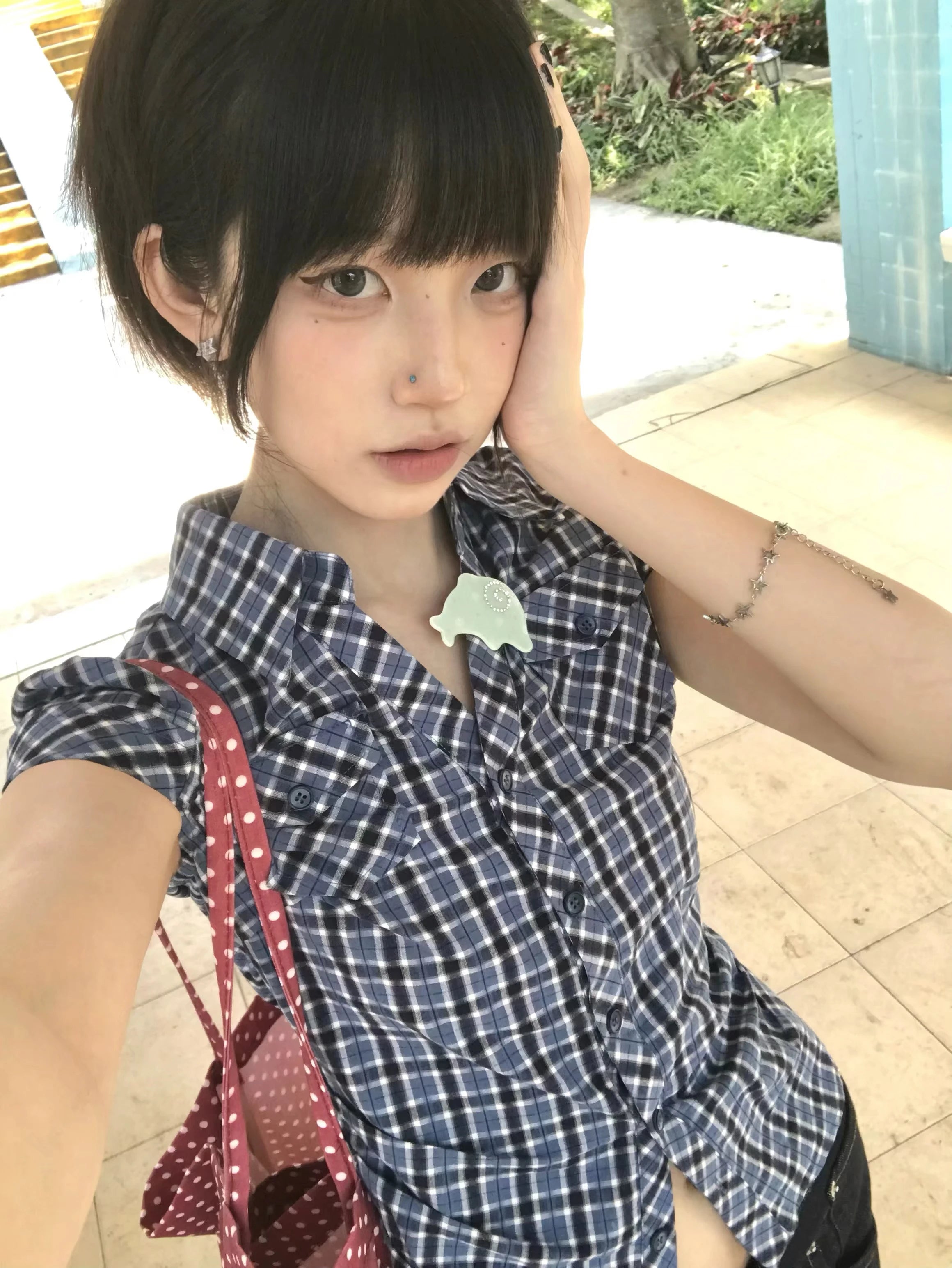 Korean Style Y2K Plaid Shirt - Women's Vintage Short Sleeve Blouse