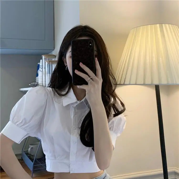 Korean Style White Puff Sleeve Cropped Shirt - Women's Elegant Preppy Blouse