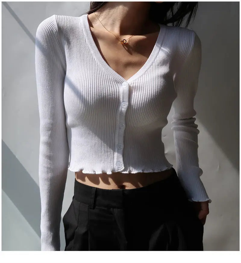 Korean Style Cropped Knit Cardigan - V-Neck Ruffle Hem