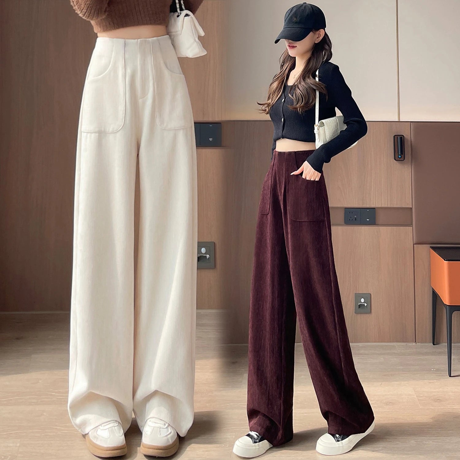 Korean Style High Waist Corduroy Wide Leg Trousers - Women's Vintage Casual Pants with Pockets