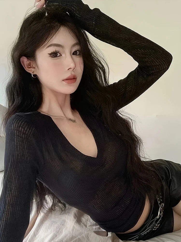 Korean Style V-Neck Long Sleeve Top - Slim Fit Semi-Sheer Women's T-Shirt