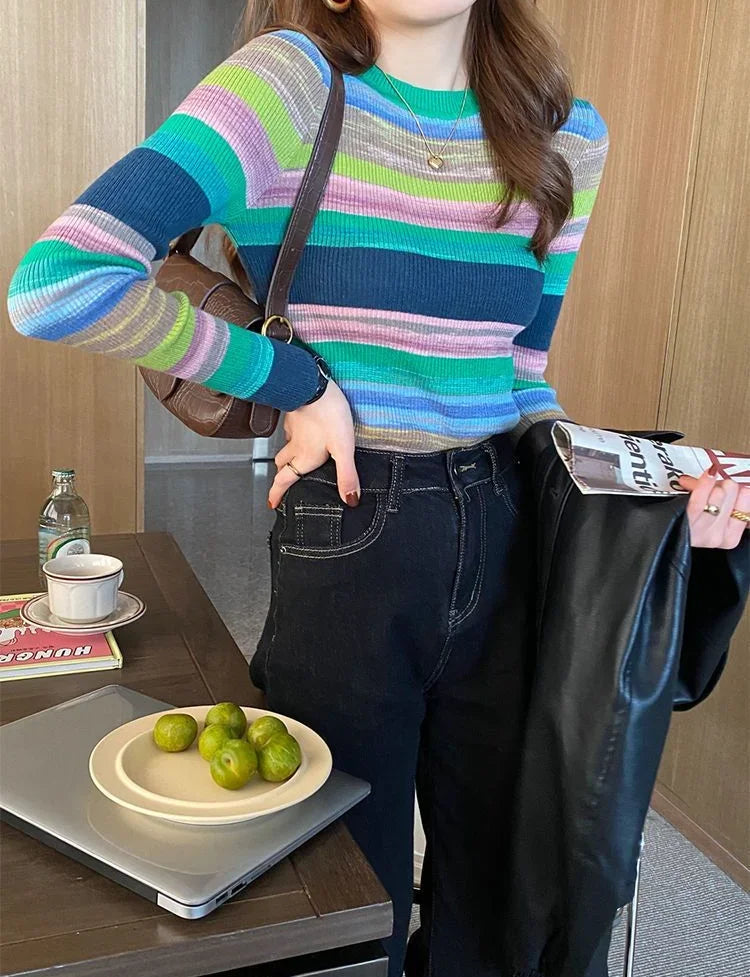 Korean Style Striped Long Sleeve Top - Women's Slim Fit T-Shirt