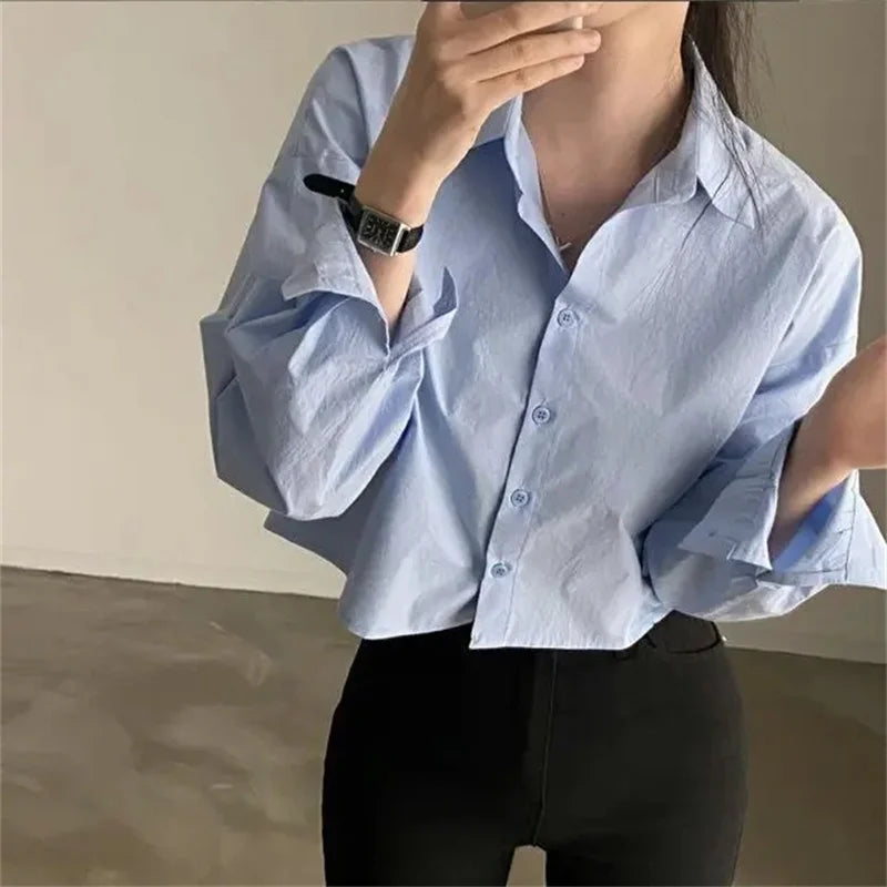 Korean Style White Button-Up Blouse - Women's Long Sleeve Casual Shirt