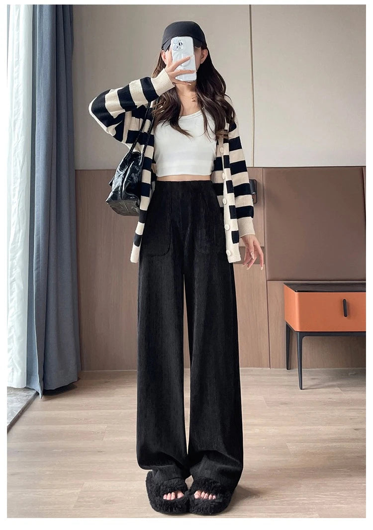 Korean Style High Waist Corduroy Wide Leg Trousers - Women's Vintage Casual Pants with Pockets
