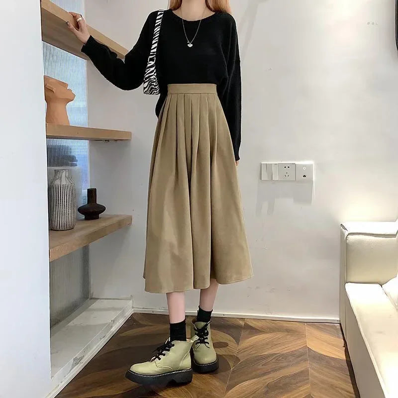 Korean Style Pleated Midi Skirt - Vintage Brown High Waist A-Line Skirt