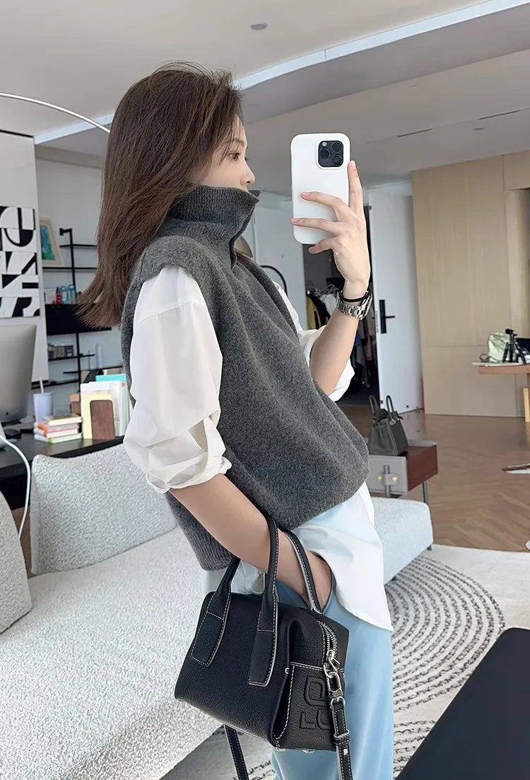 Korean Style Cashmere Turtleneck Vest - Sleeveless Knit Jumper Top