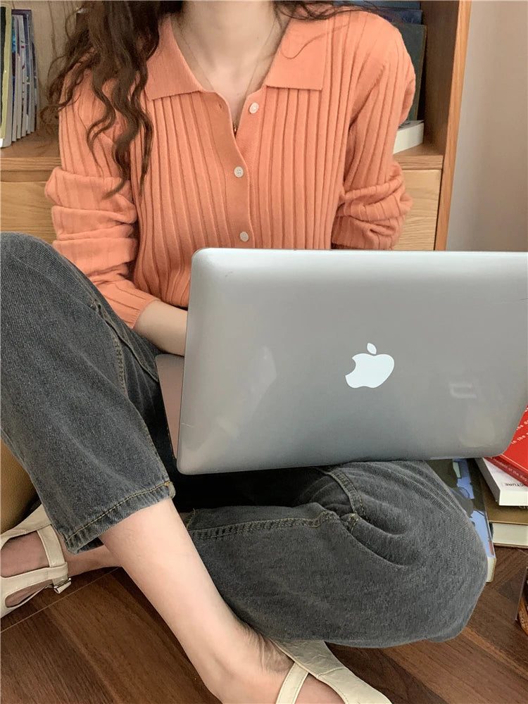 Korean Style Polo Collar Knit Cardigan - Women's Elegant Layering Sweater