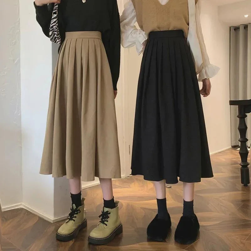 Korean Style Pleated Midi Skirt - Vintage Brown High Waist A-Line Skirt
