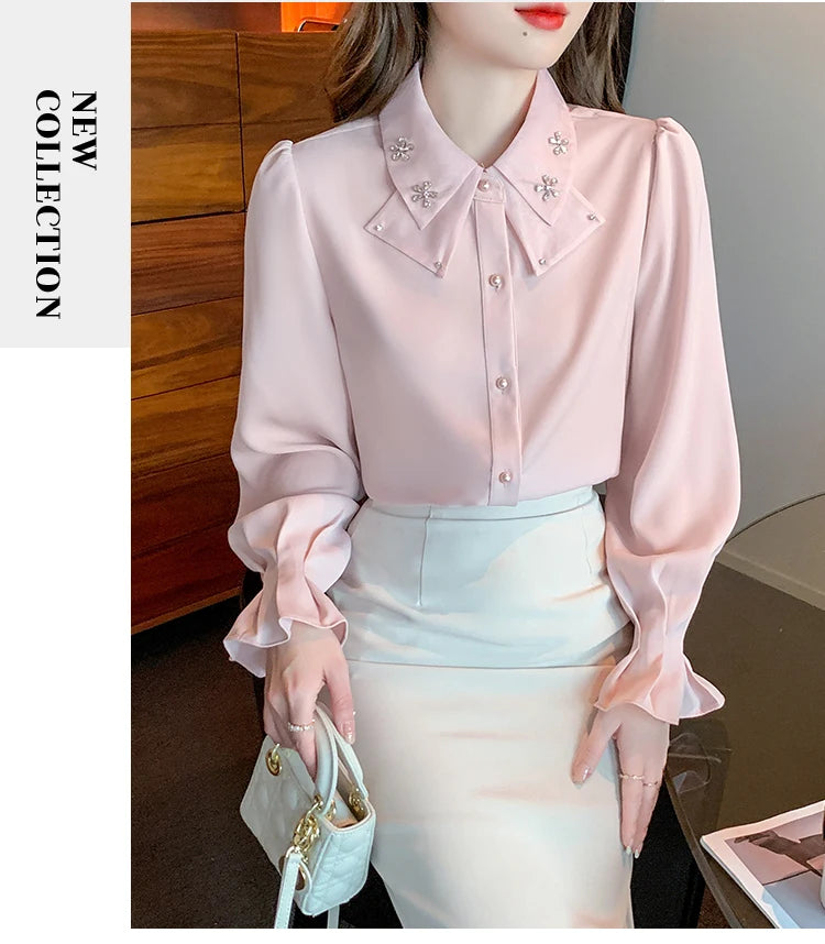 Korean Style Chiffon Blouse - Elegant Long Sleeve White Shirt for Women