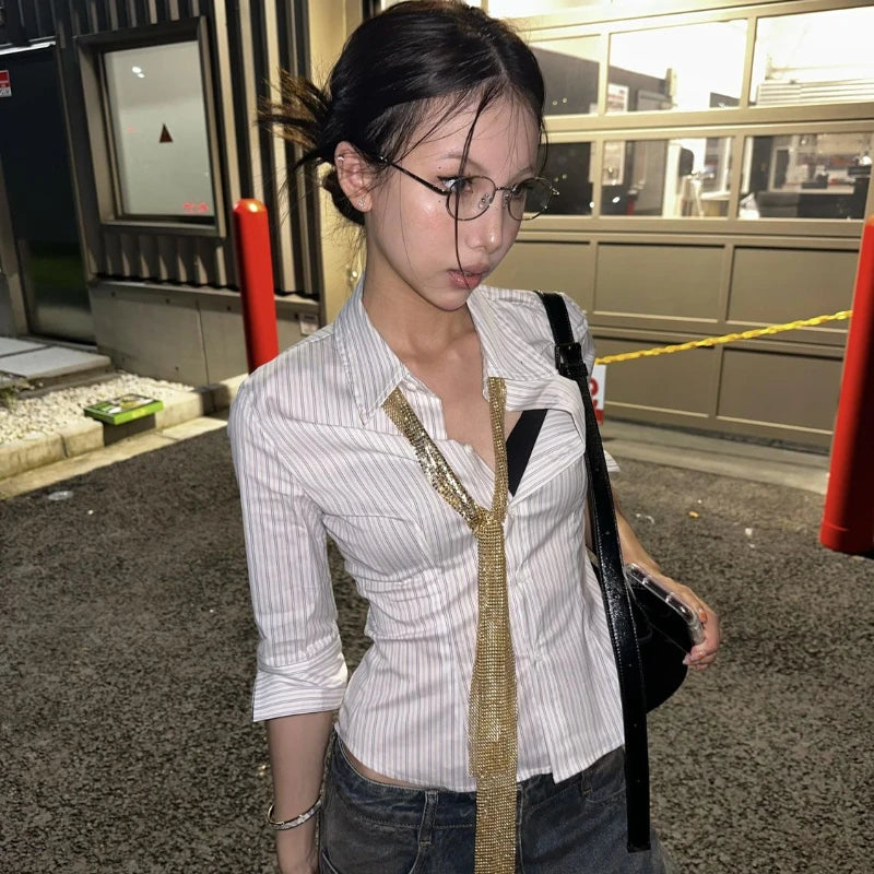 Korean Style Striped Shirt - Women's Half Sleeve Blouse