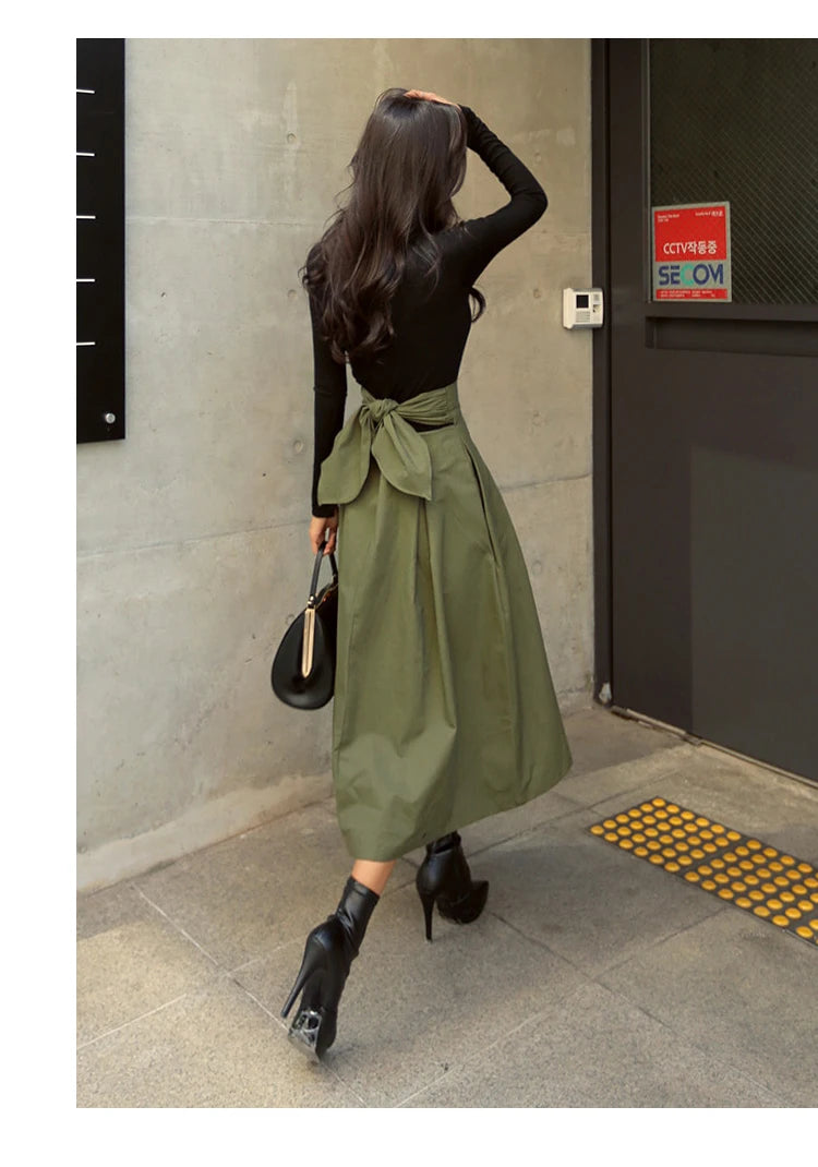 Korean Style High Waist A-Line Maxi Skirt - Elegant Lace-Up Long Skirt