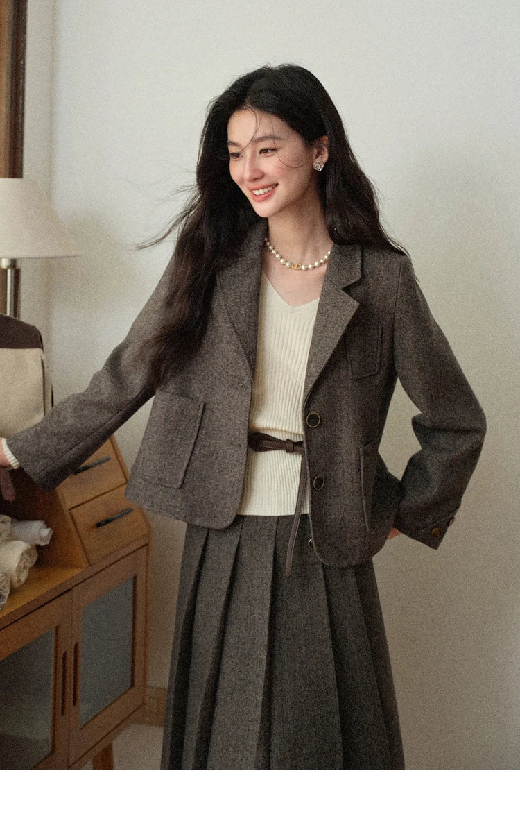 Korean Style Pleated Wool Skirt - Elegant High-Waist A-Line Midi Skirt for Women