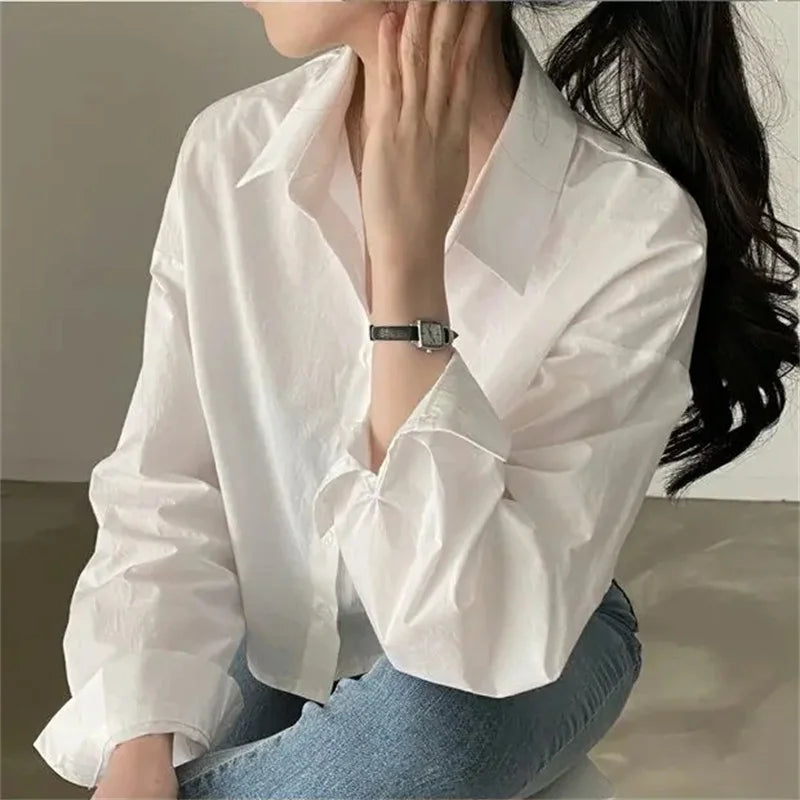 Korean Style White Button-Up Blouse - Women's Long Sleeve Casual Shirt
