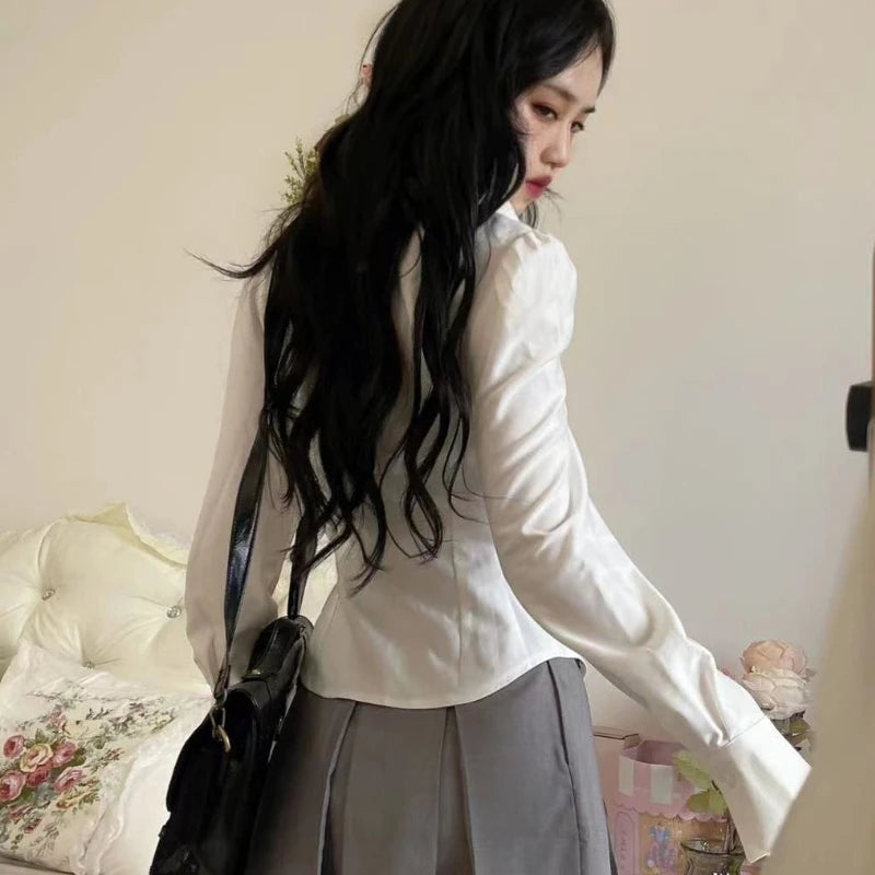 Korean Style White Shirt - Women's Slim Fit Long Sleeve Blouse