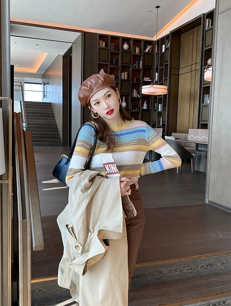 Korean Style Striped Long Sleeve Top - Women's Slim Fit T-Shirt