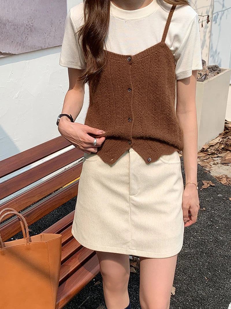 Korean Style High Waist Corduroy Mini Skirt - A-Line Vintage College Skirt with Pockets