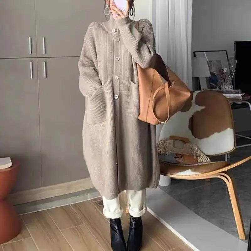 Korean Style Long Cardigan with High Collar - Women's Knit Sweater