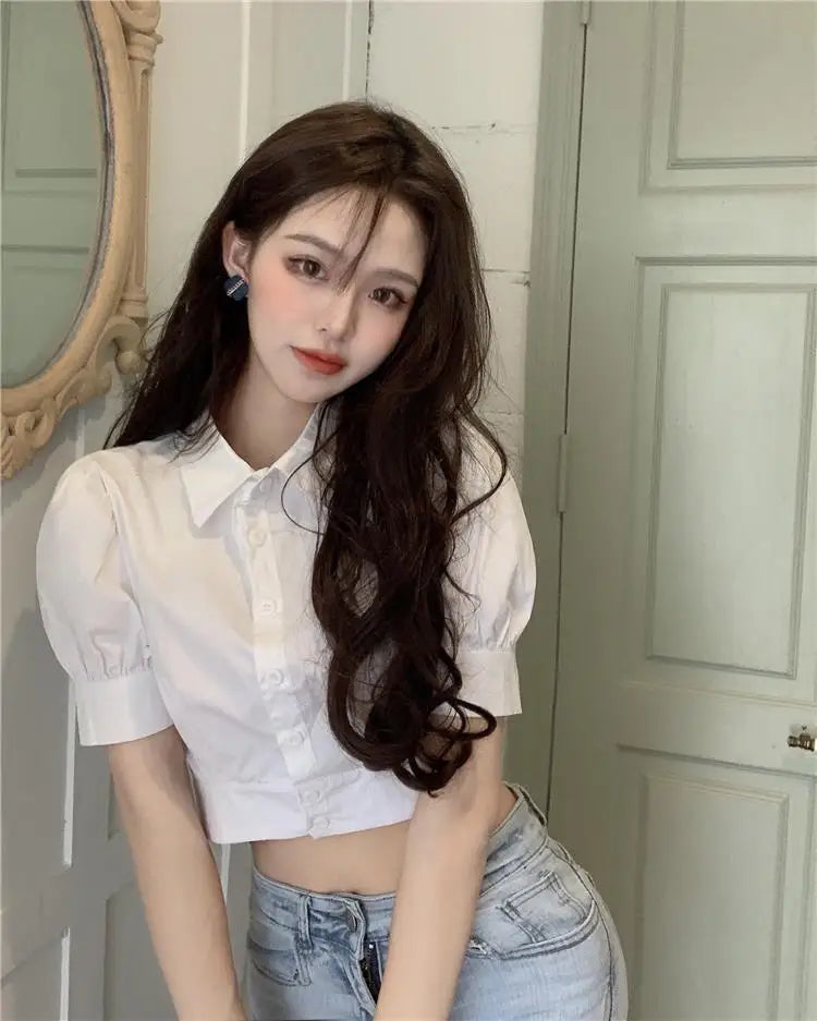 Korean Style White Puff Sleeve Cropped Shirt - Women's Elegant Preppy Blouse