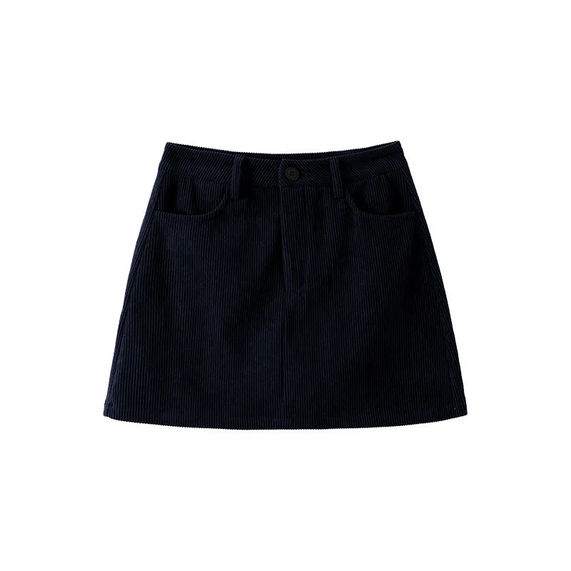 Korean Style High Waist Corduroy Mini Skirt - A-Line Vintage College Skirt with Pockets