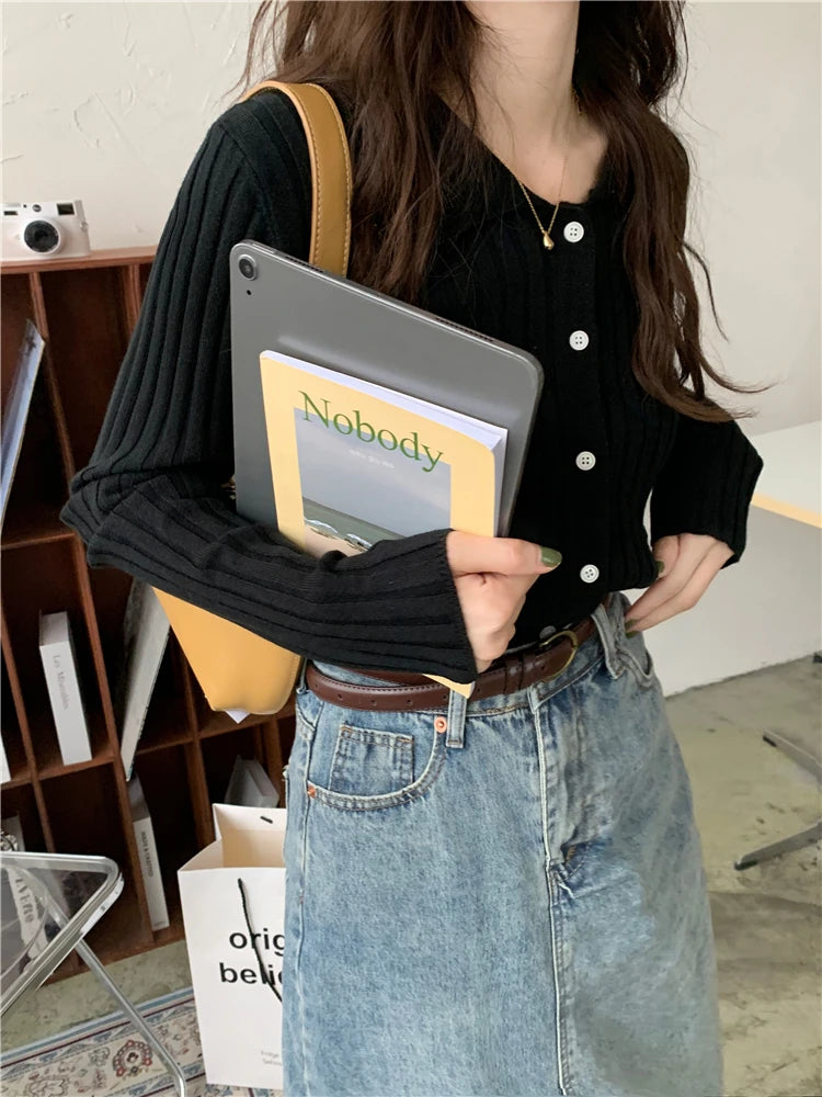 Korean Style Polo Collar Knit Cardigan - Women's Elegant Layering Sweater