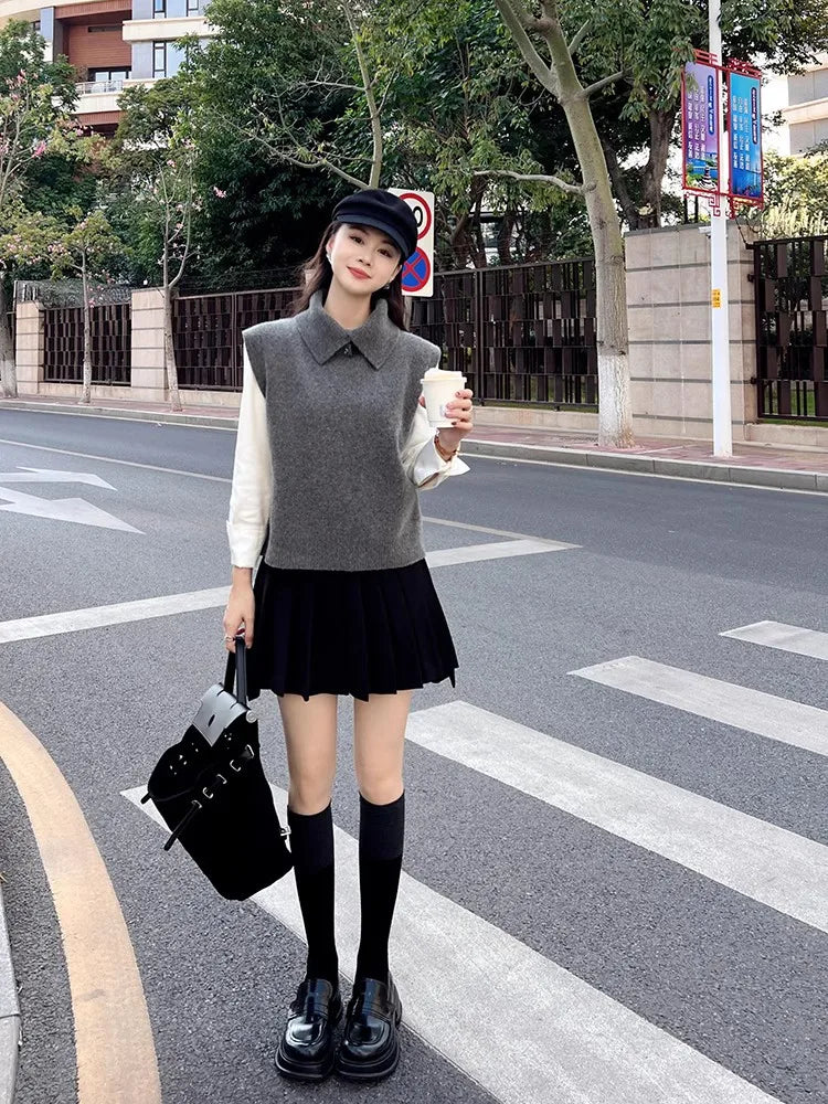 Korean Style Cashmere Turtleneck Vest - Sleeveless Knit Jumper Top
