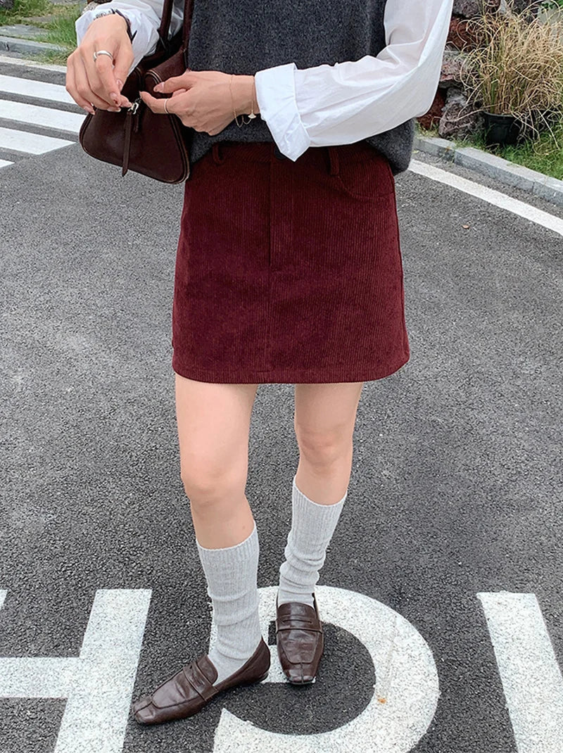 Korean Style High Waist Corduroy Mini Skirt - A-Line Vintage College Skirt with Pockets